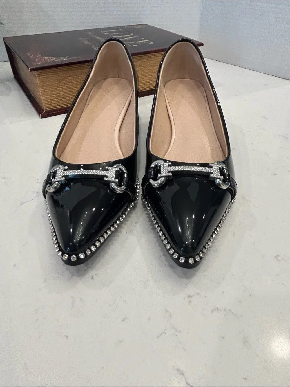 Pointed Patent Leather Flats with Silver Chain Detail - Black